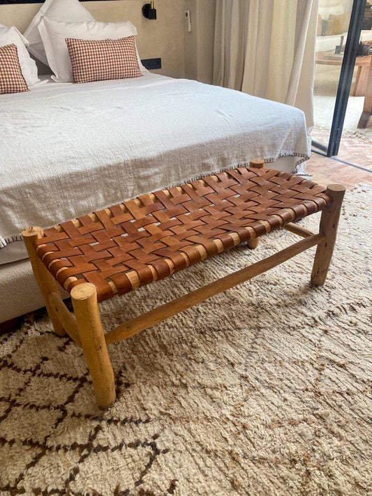Handwoven Leather Strap Bench – Rustic Wood Frame