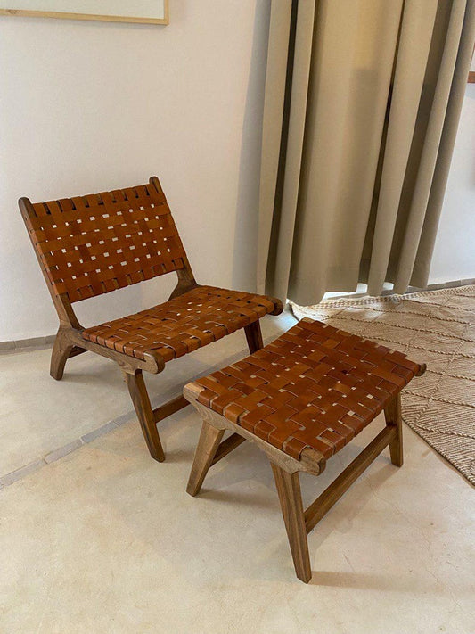 Walnut Lounge Chair & Stool Set – Woven Leather Handmade