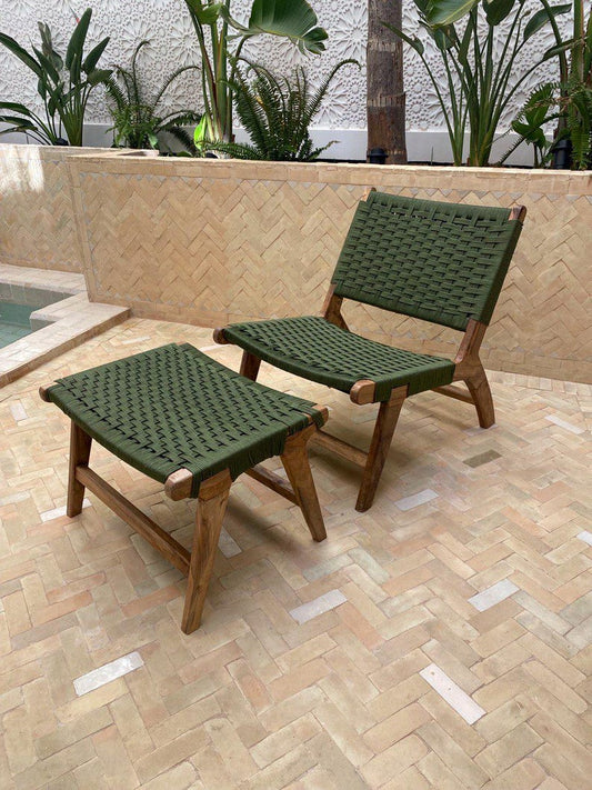 Walnut Lounge Chair & Stool Set – Green Woven Handmade