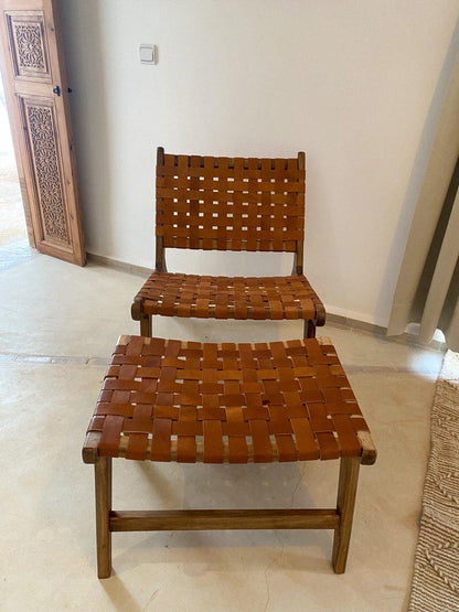 Walnut Lounge Chair & Stool Set – Woven Leather Handmade