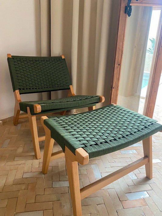 Walnut Lounge Chair & Stool Set – Green Woven Handmade